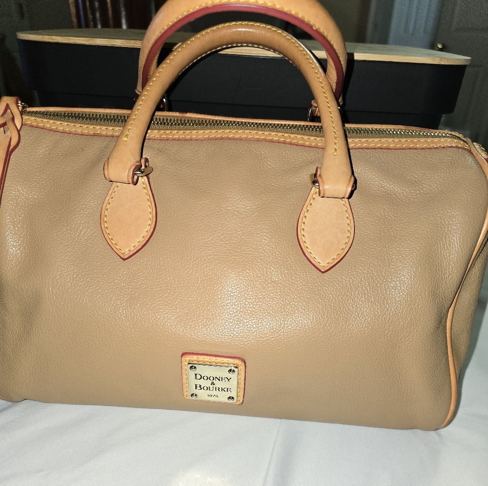Dooney & Bourke Tan Leather Satchel with Orange Trim